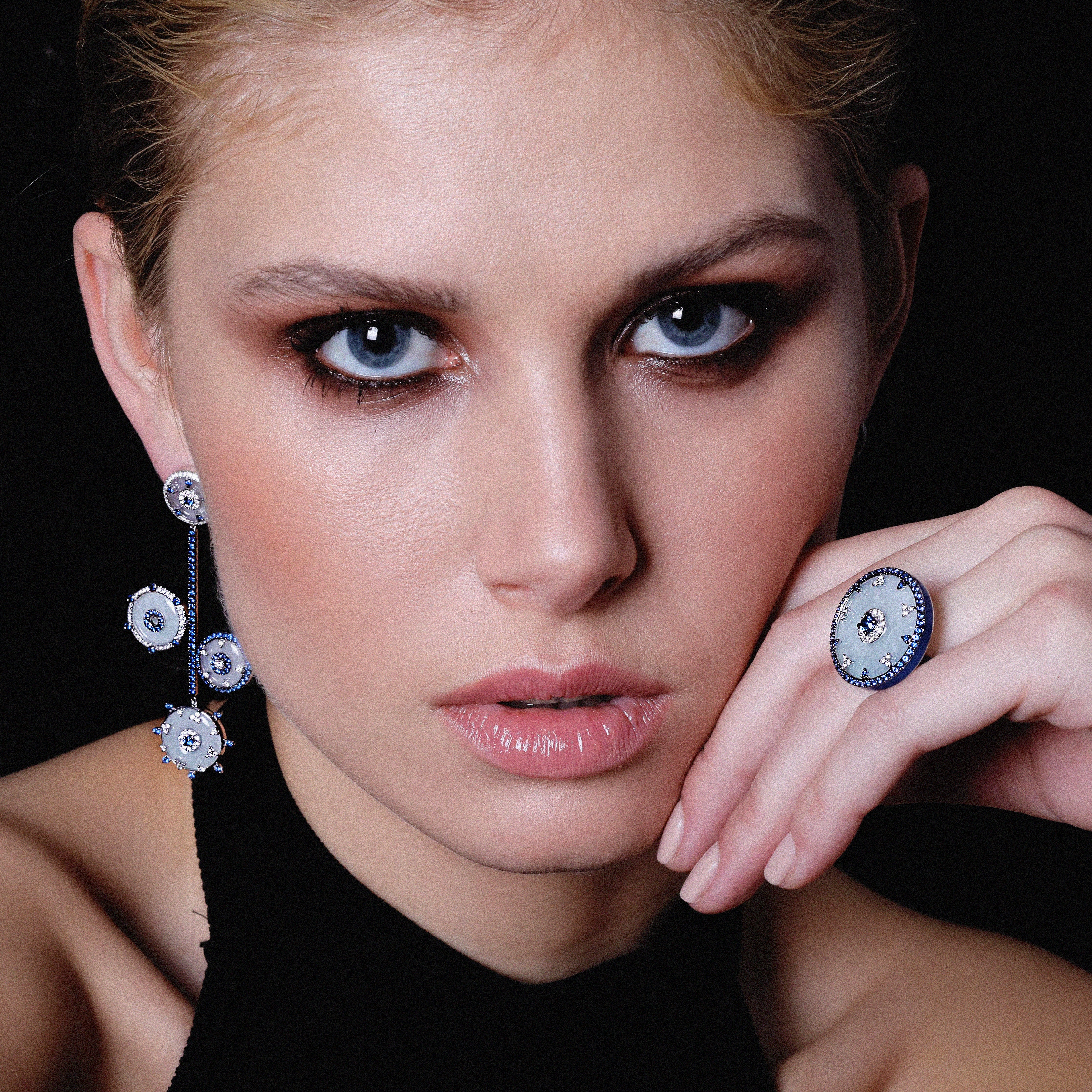 Celeste Blue Sapphire and Jade Disc Ring