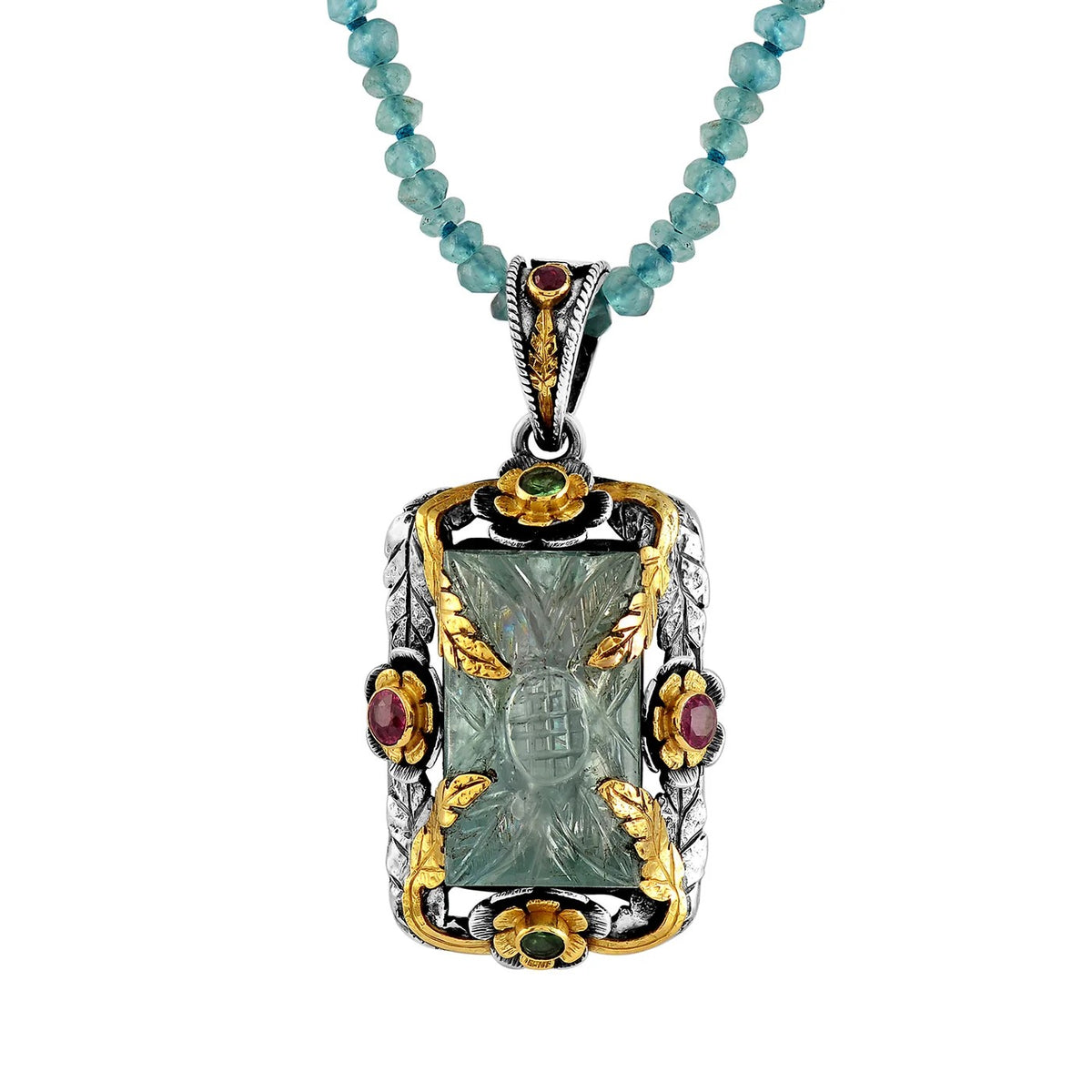 Hand-Carved Aquamarine Ruby Tsavorite Bella Pendant