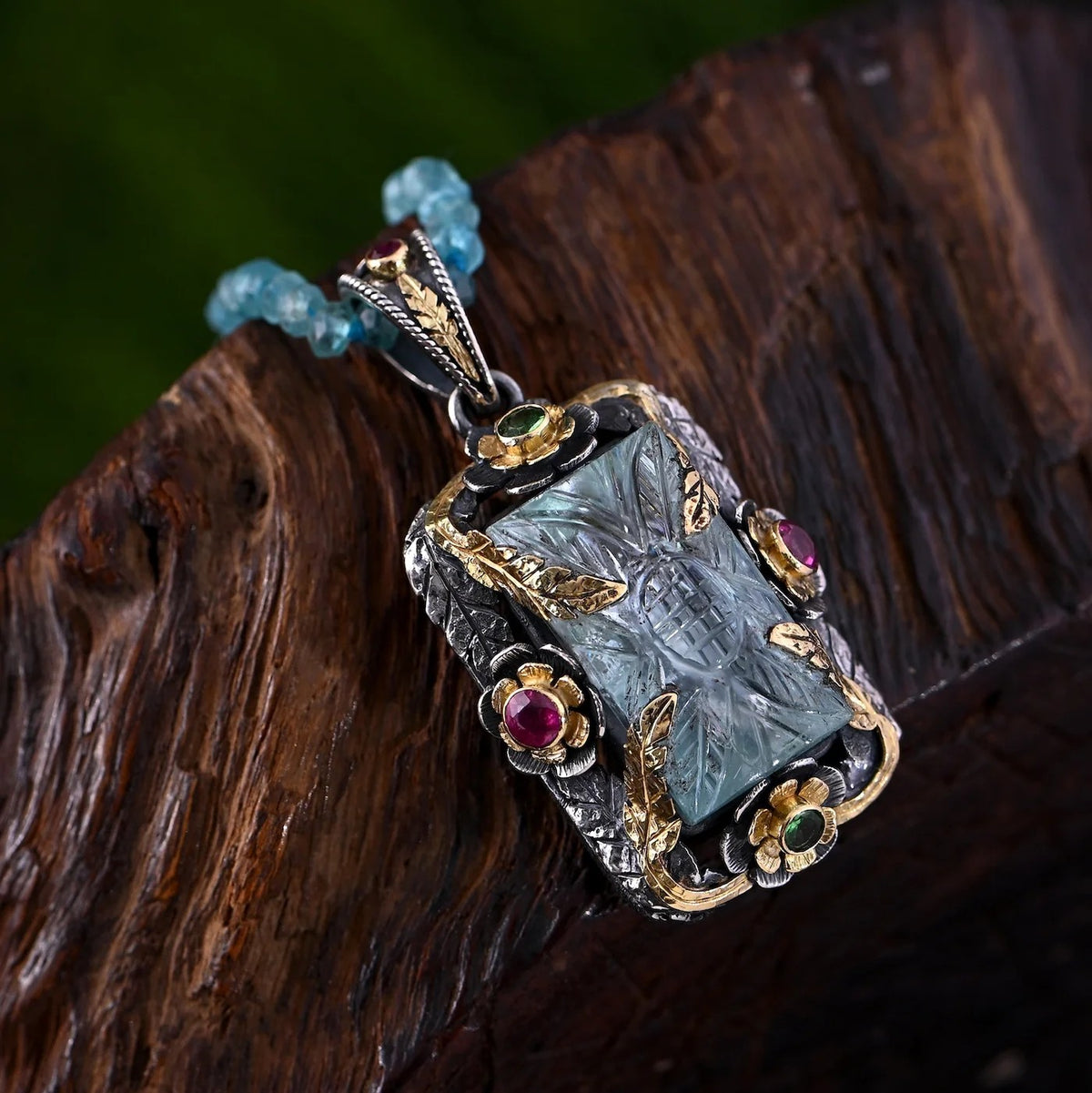 Hand-Carved Aquamarine Ruby Tsavorite Bella Pendant