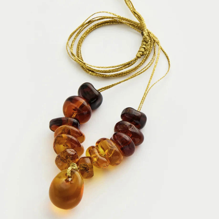 Azaz Amber Glass Multi Beaded Necklace on Cord