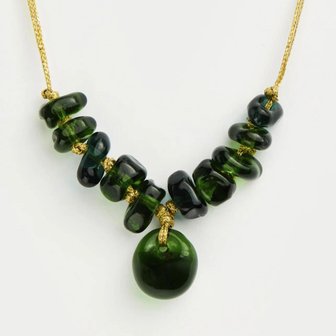 Azaz Green Glass Eleven Bead Necklace on Cord