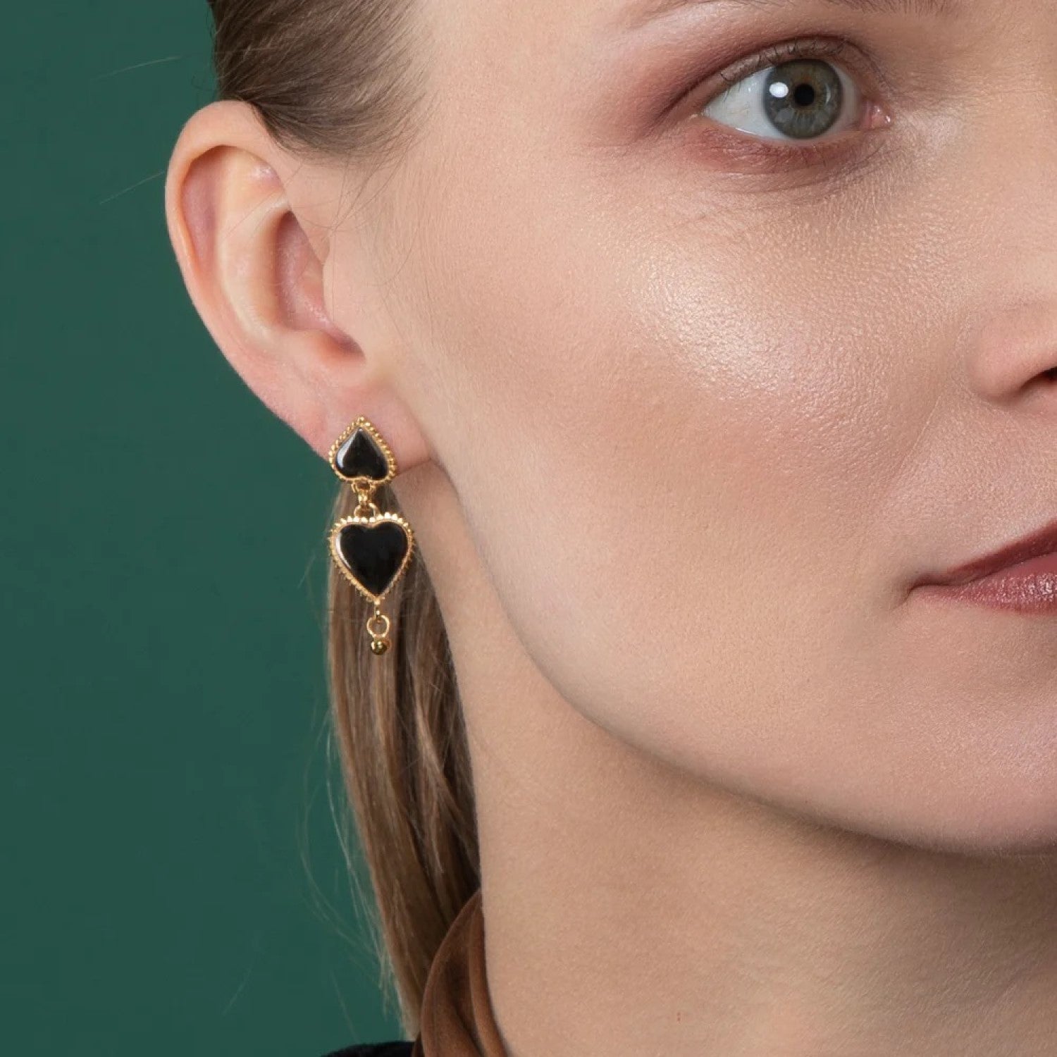 Alice Heart Earring Drops - Black and Gold