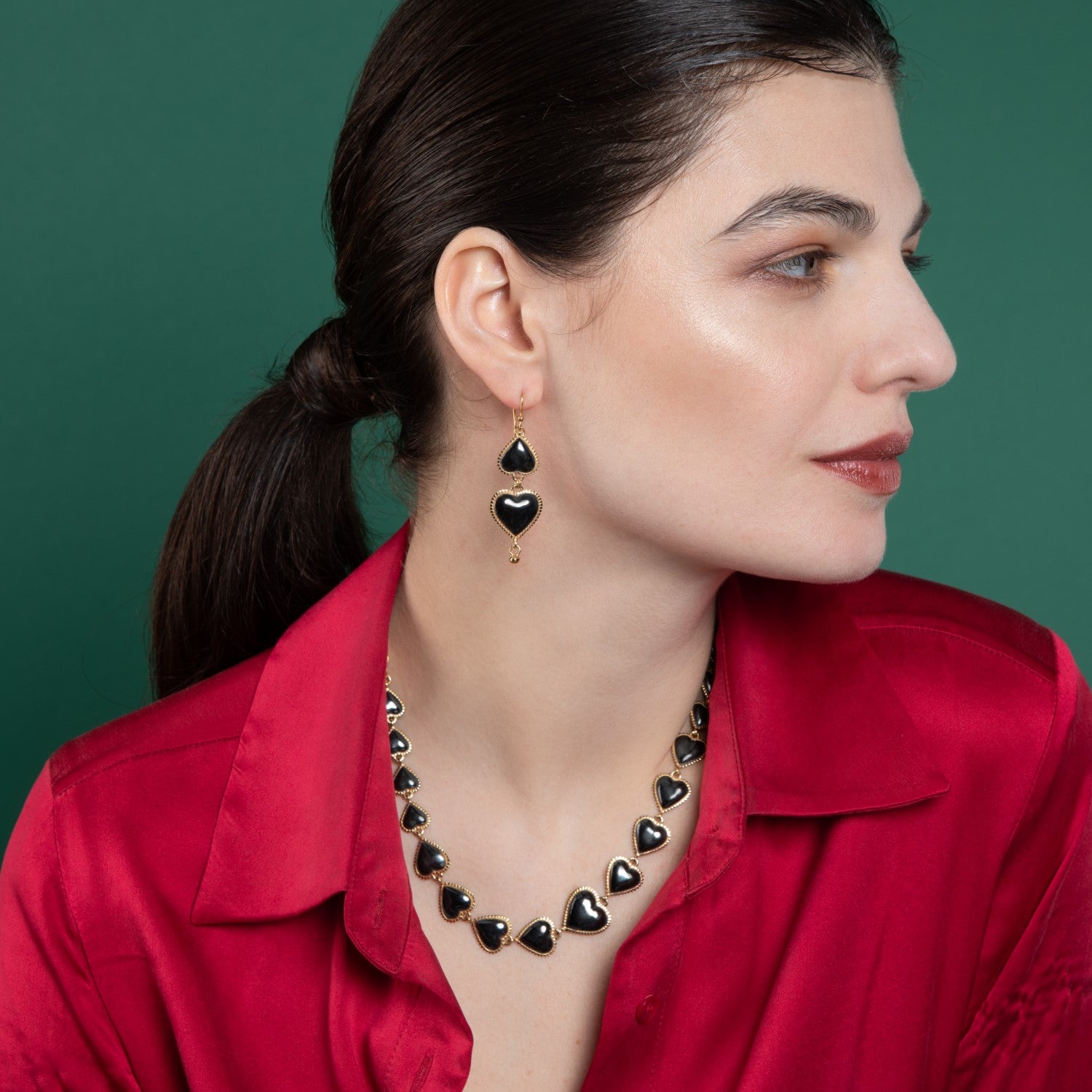 Lola Asymmetrical Heart Earring Drops - Black and Gold