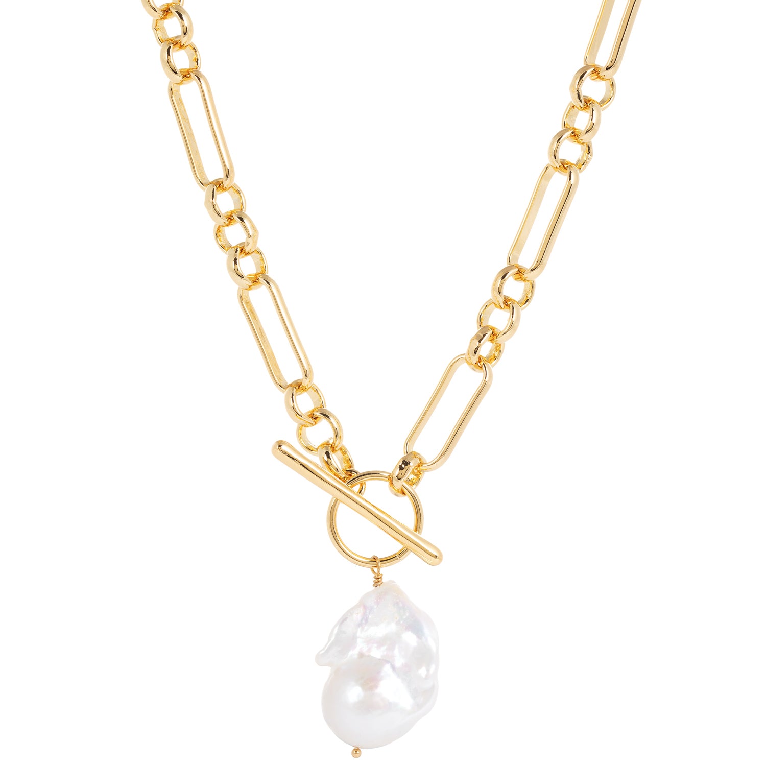 Alba Chunky Mixed Link Gold Necklace with Large Keshi Pearl