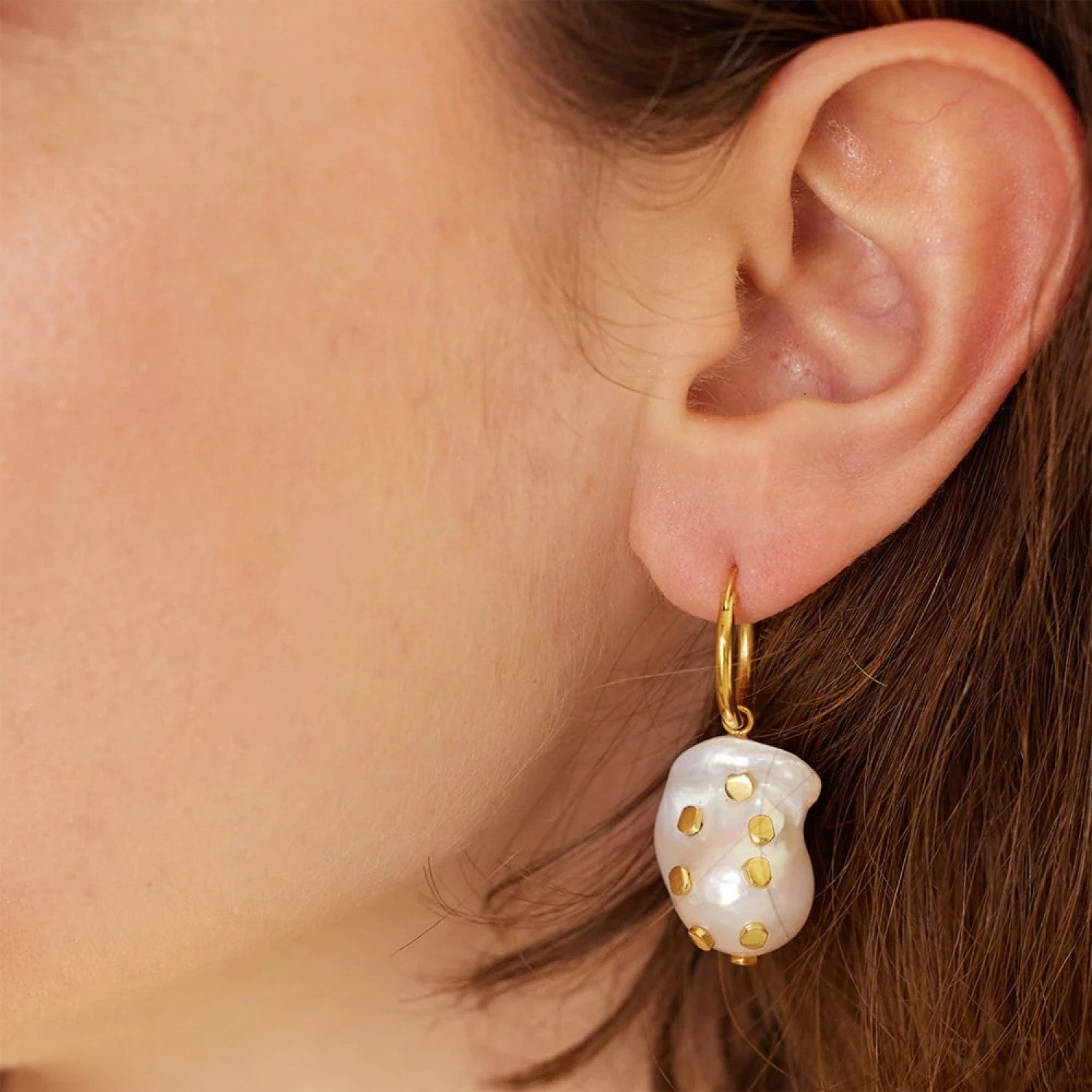Venus Gold Hoop Earrings with Large Keshi Pearl and Barnacles