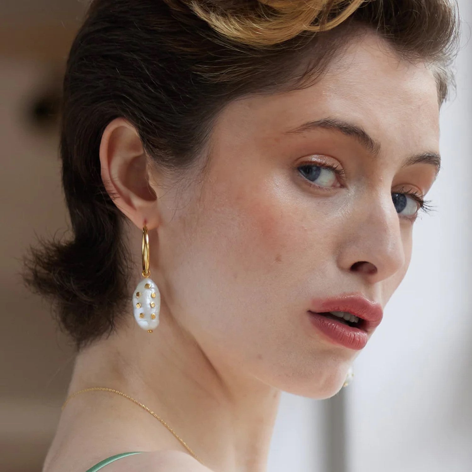 Venus Gold Hoop Earrings with Large Keshi Pearl and Barnacles