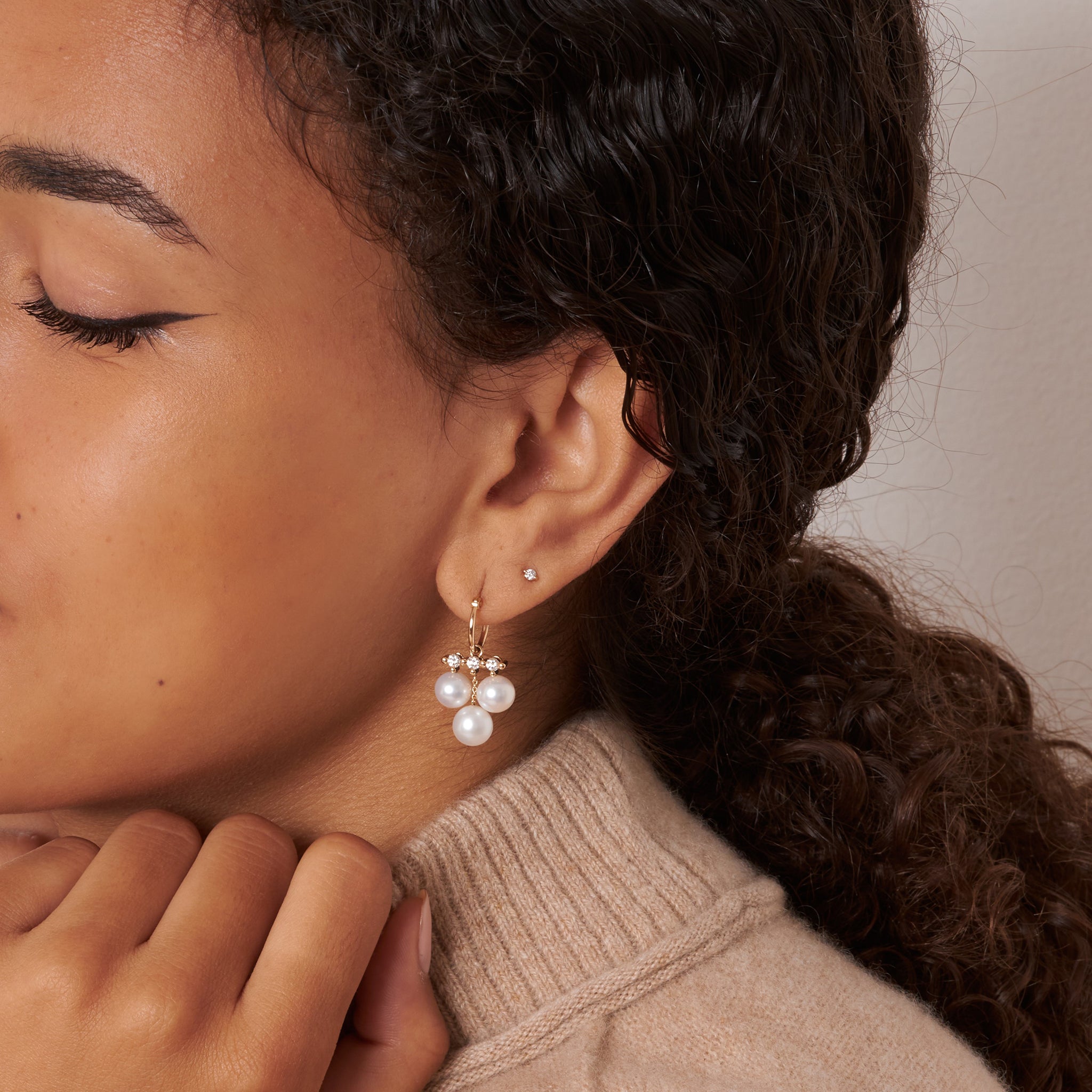 Shuga Large Triple Pearl & Lab-Created Diamond Drops Dinny Hall La Maison Couture Recycled 9ct Gold