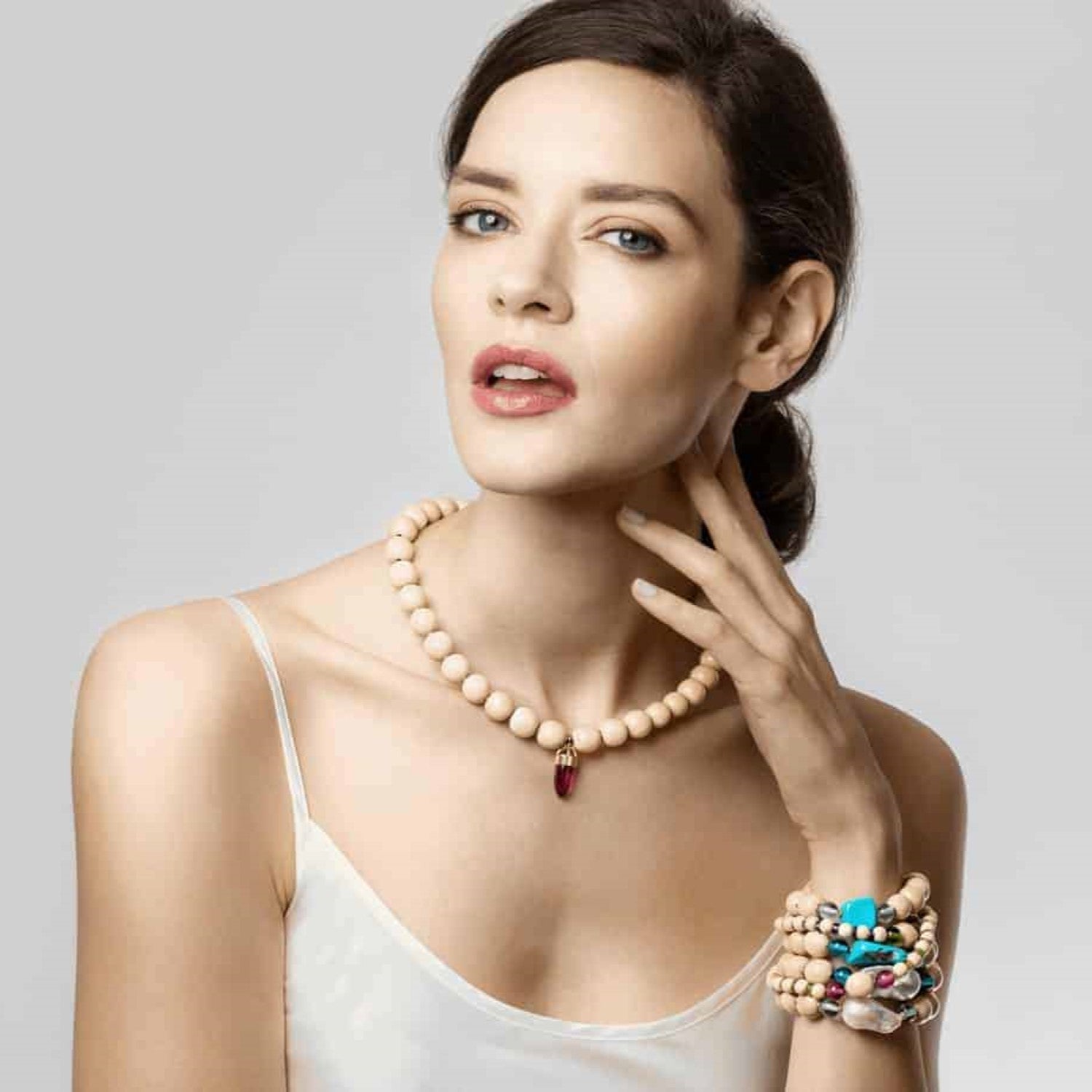 Large Wooden Bead Bracelet - Turquoise and London Blue Quartz