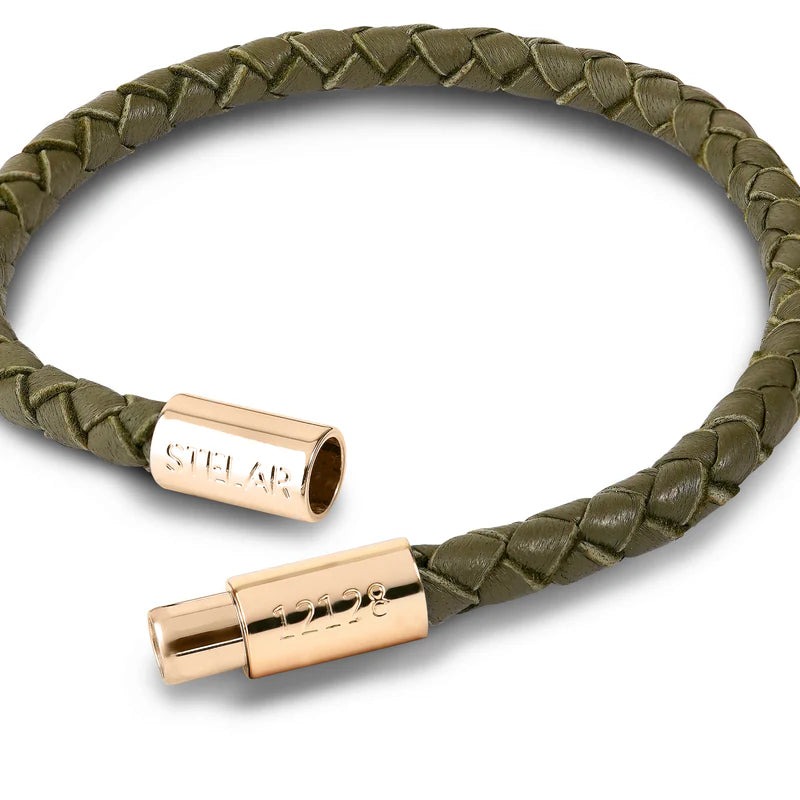 Teman Slim Woven Jacquard Bracelet - Dark Olive and Yellow Gold Tone