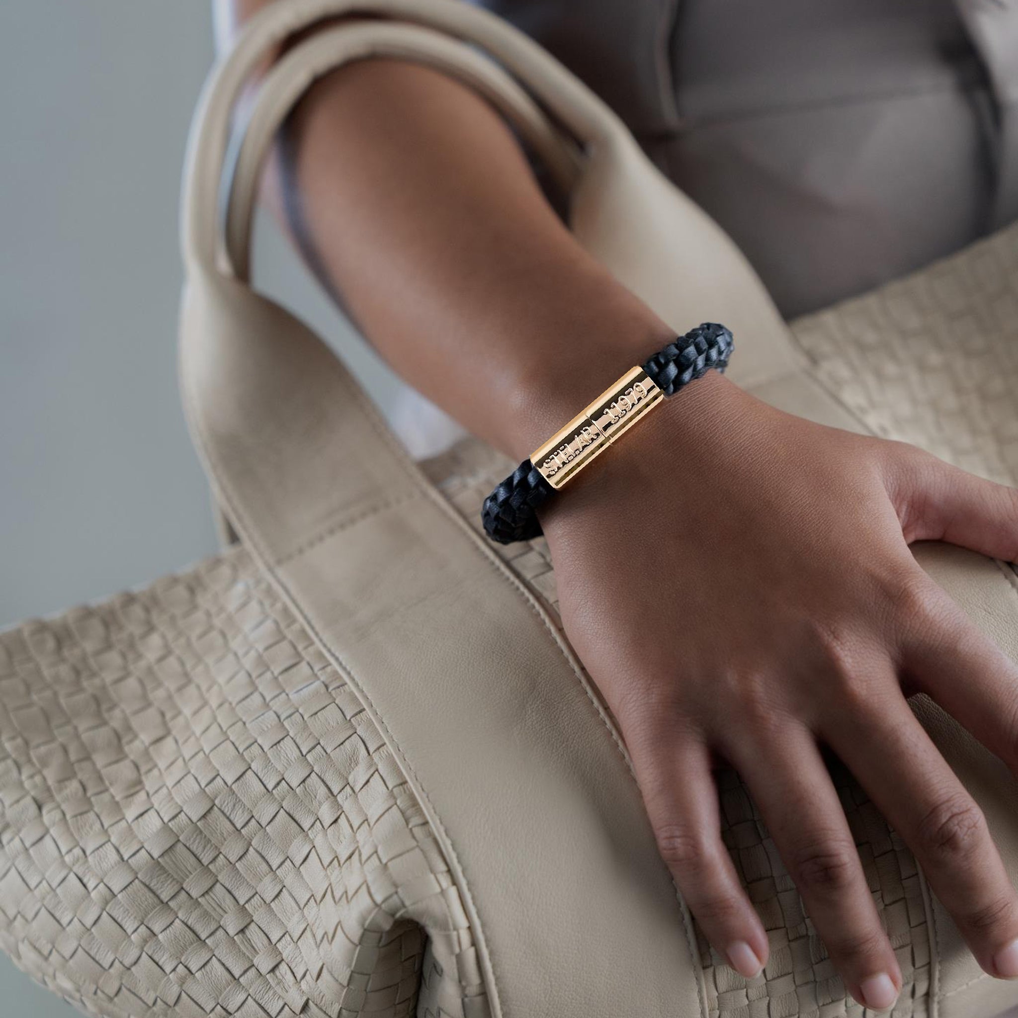 Teman Wide Woven Leather Bracelet - Anthracite STELAR La Maison Couture