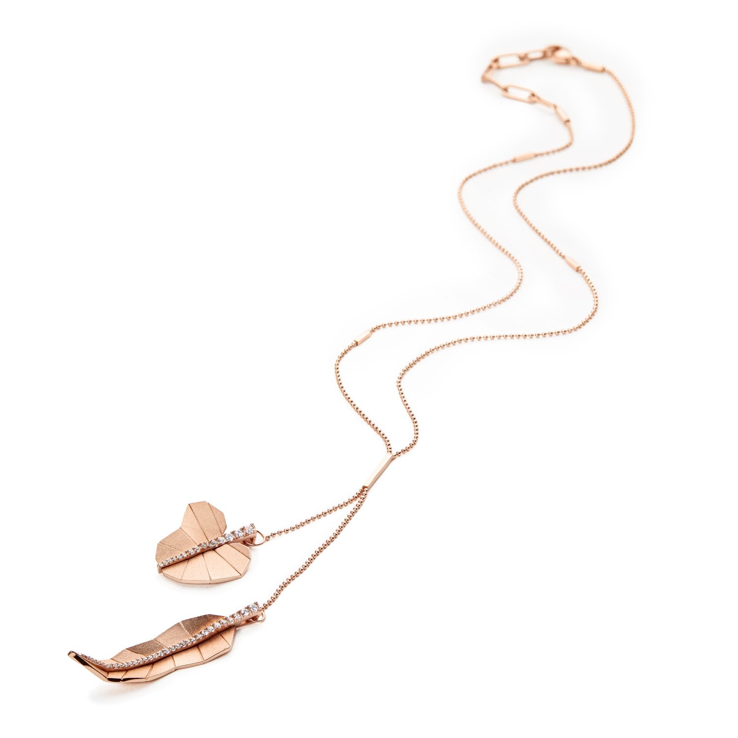 Double Long and Round Leaf Necklace - Rose Gold