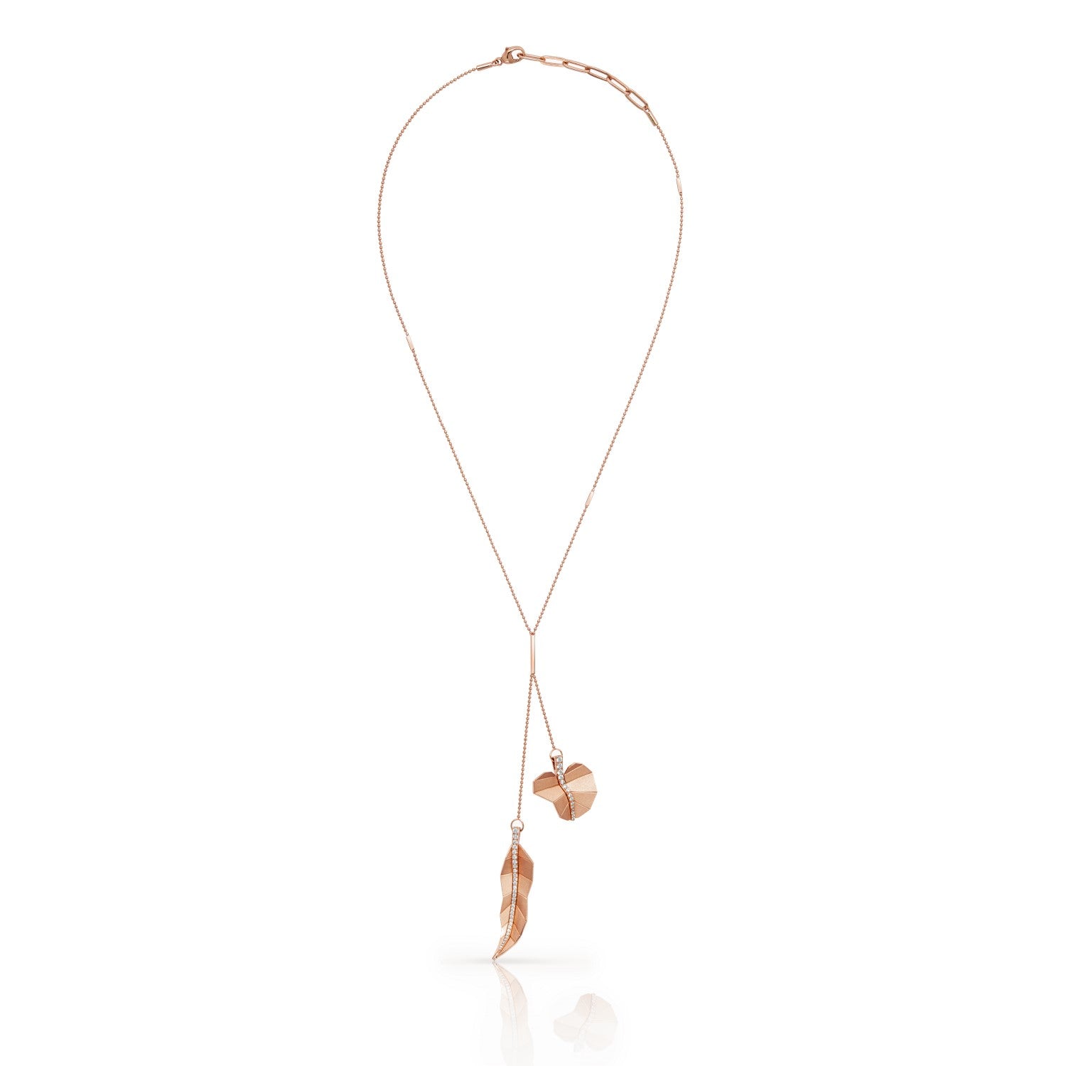 Double Long and Round Leaf Necklace - Rose Gold