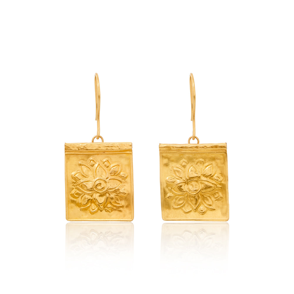 Gold Stamp Square Lotus Earrings