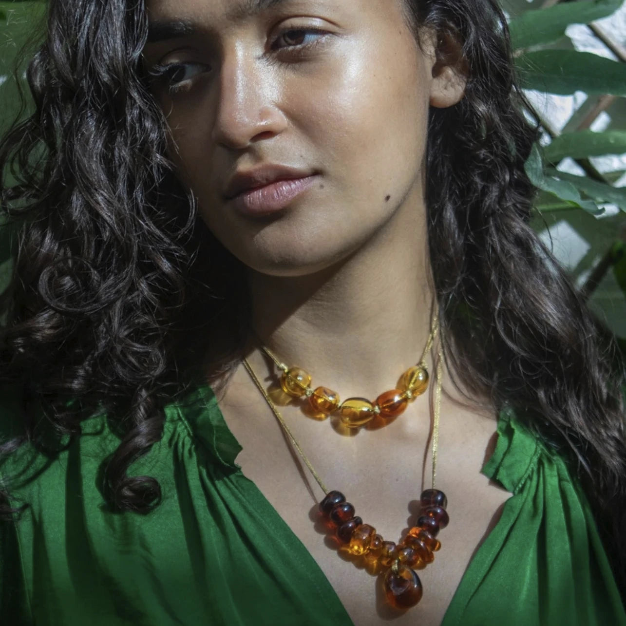 Azaz Amber Glass Multi Beaded Necklace on Cord