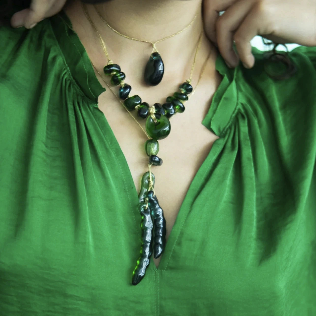 Azaz Green Glass Eleven Bead Necklace on Cord