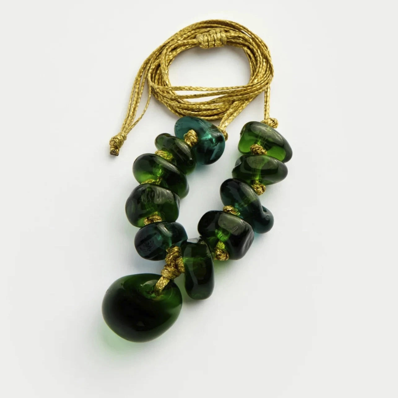 Azaz Green Glass Eleven Bead Necklace on Cord