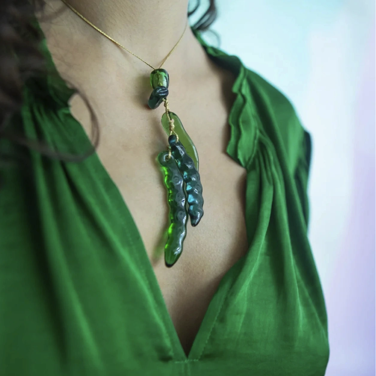 Azaz Green Glass Bean Cluster on Cord