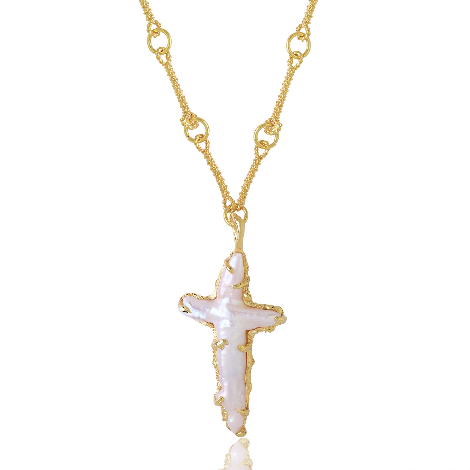 The Tethys Baroque Pearl Cross with Roman Chain Ece London Sustainable Jewellery La Maison Couture