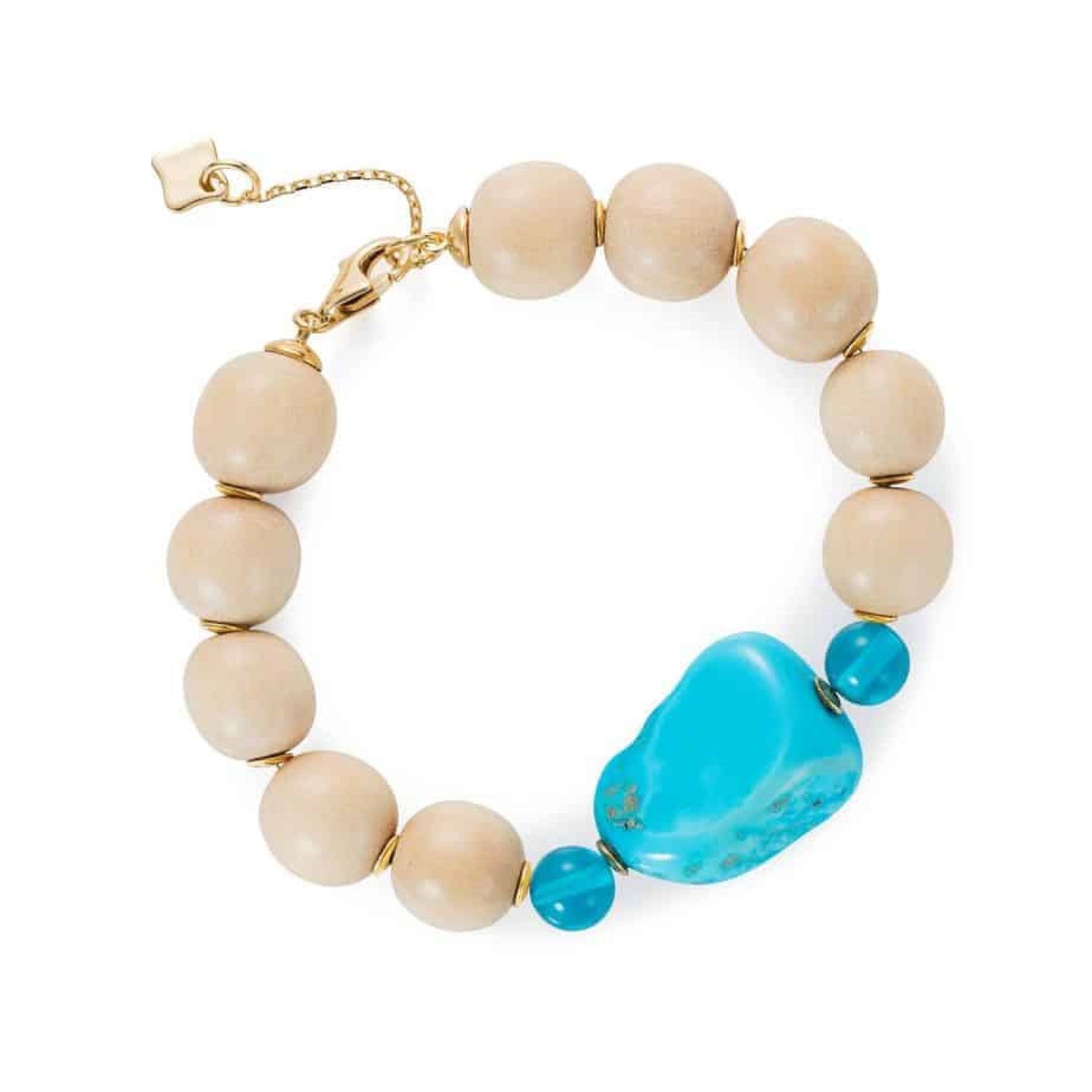 Large Wooden Bead Bracelet - Turquoise and London Blue Quartz