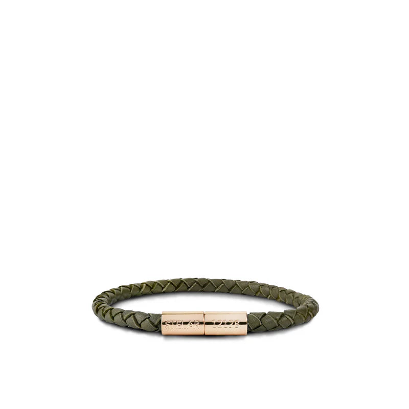 Teman Slim Woven Jacquard Bracelet - Dark Olive and Yellow Gold Tone