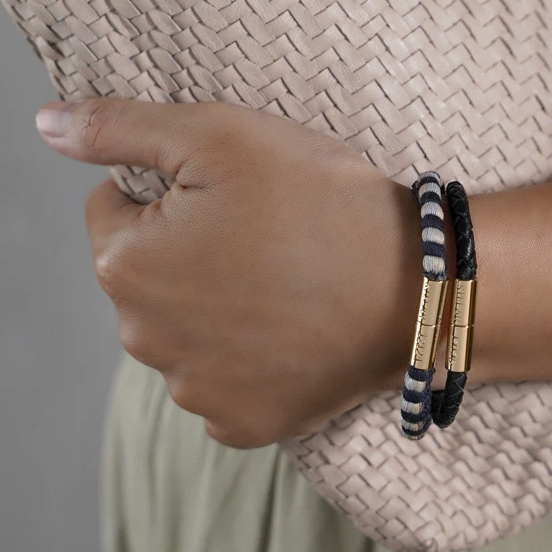 Teman Slim Woven Leather Bracelet - Nightfall and Yellow Gold