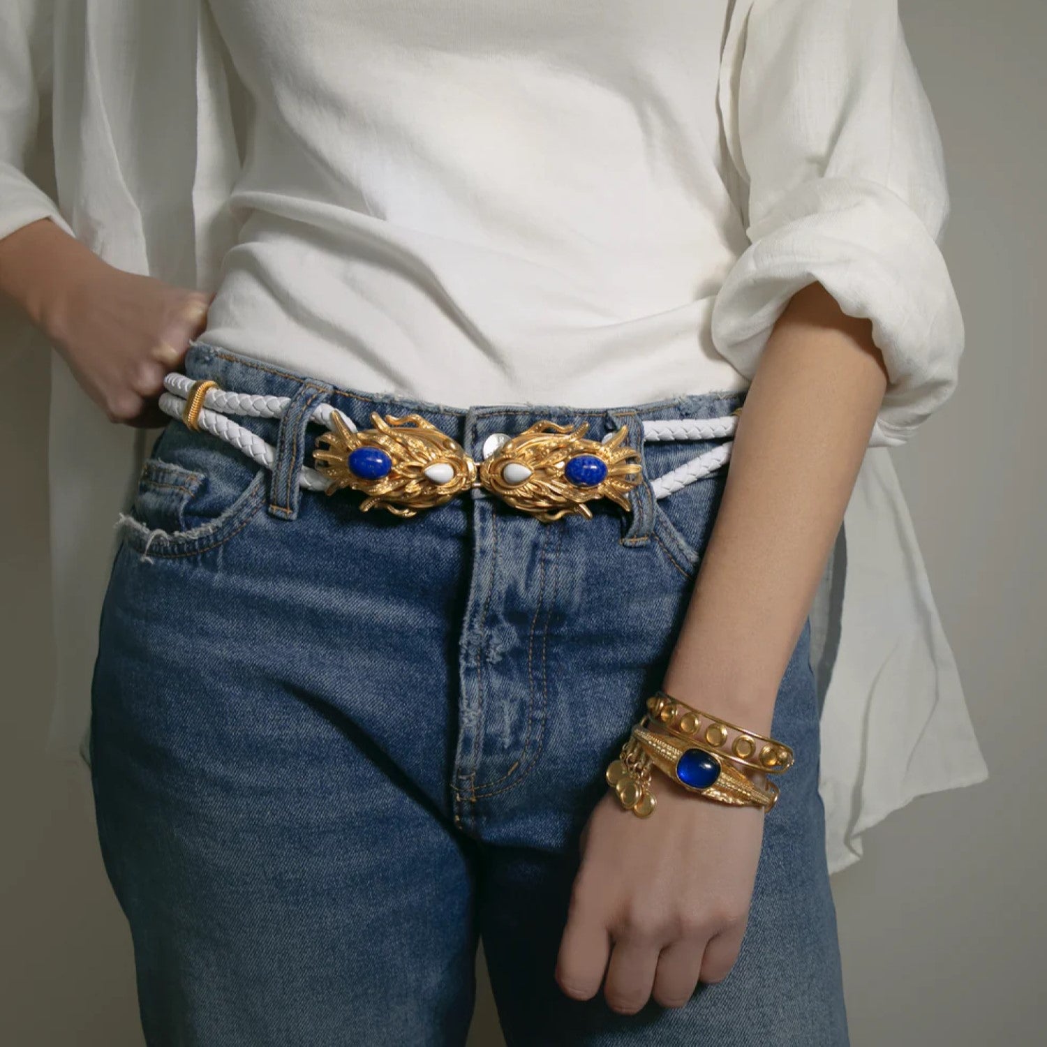 Gold Dragonfish Belt in White