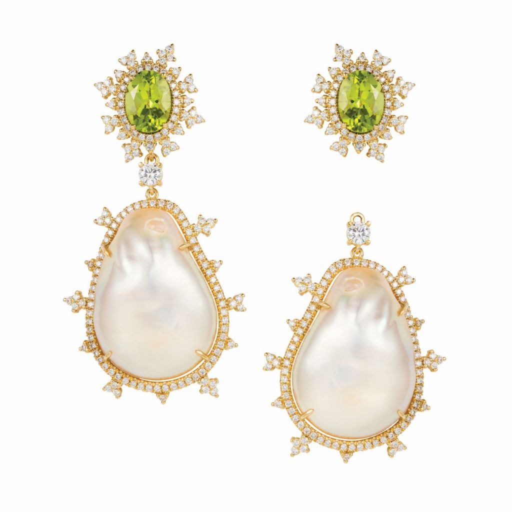 Tsarina Peridot and Baroque Pearl Earrings by Nadine Aysoy