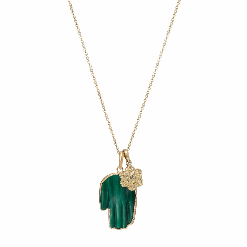 Large Malachite Hand with Marigold Necklace by Sophie Theakston