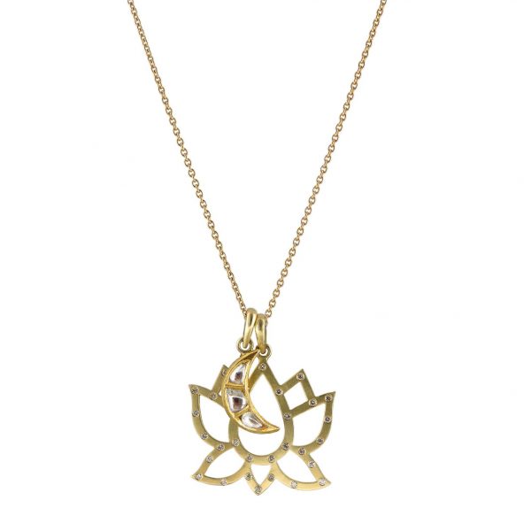 Large Diamond Lotus with Polki Moon Necklace by Sophie Theakston