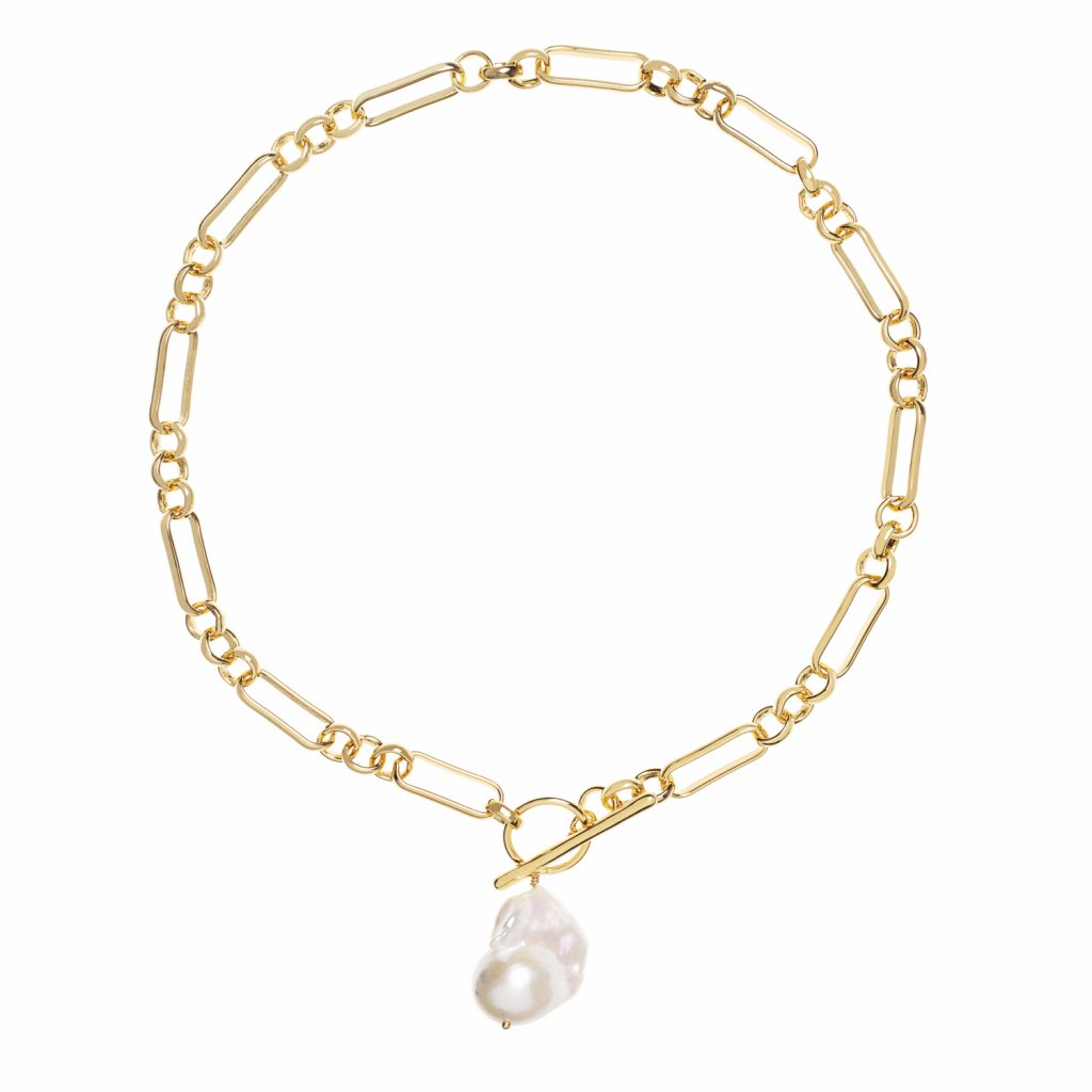 Alba Chunky Mixed Link Gold Necklace with Large Keshi Pearl by Amadeus