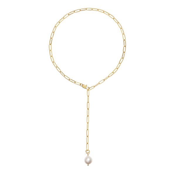 Alba Tie Gold Chain Necklace with Pearl Pendant by Amadeus