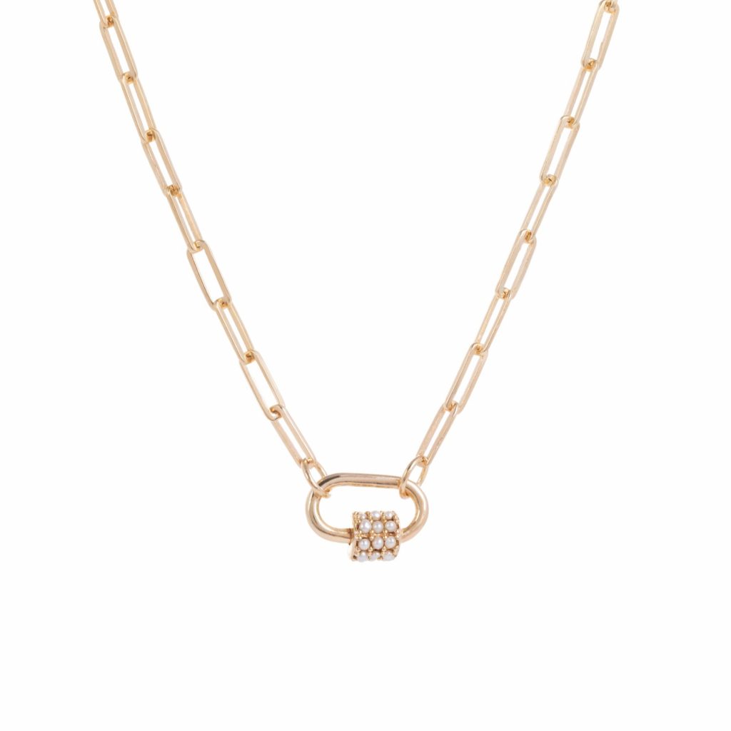 Daphne Gold Paperclip Link Chain Necklace with Pearl Carabiner by Amadeus