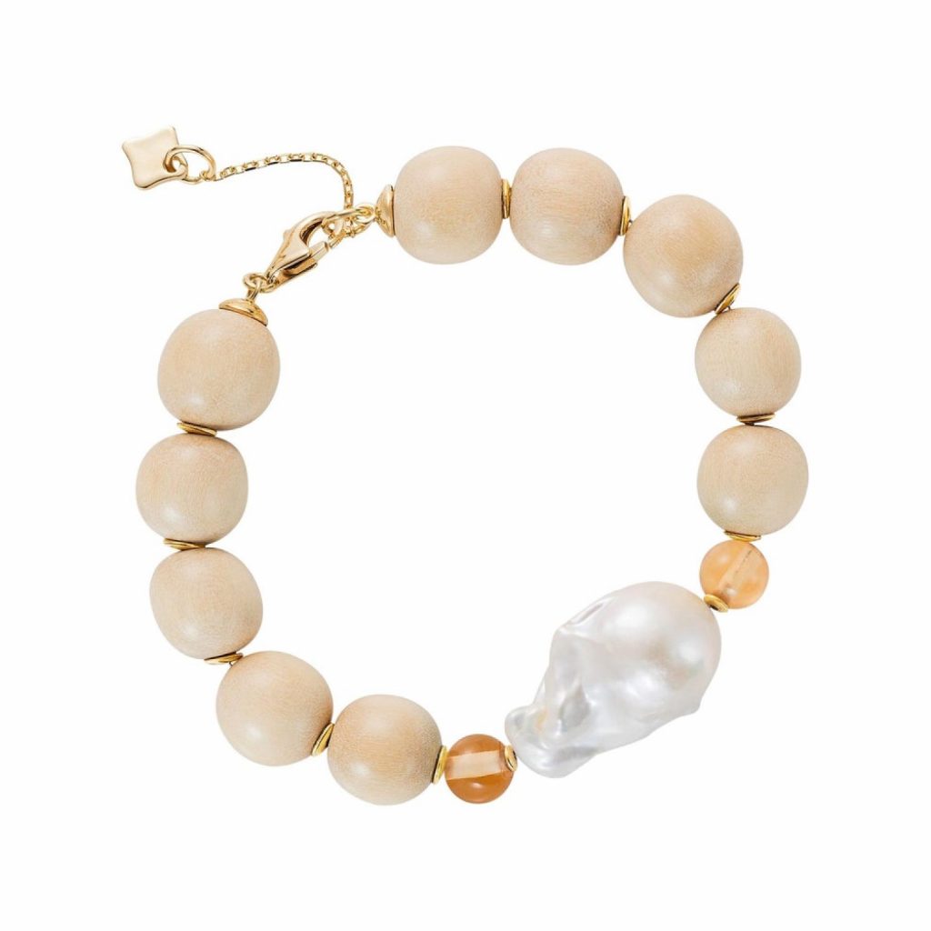 Large Wooden Bead Bracelet – Baroque Pearl and Champagne Quartz by Maviada