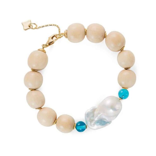 Large Wooden Bead Bracelet – Baroque Pearl and London Blue Quartz by Maviada