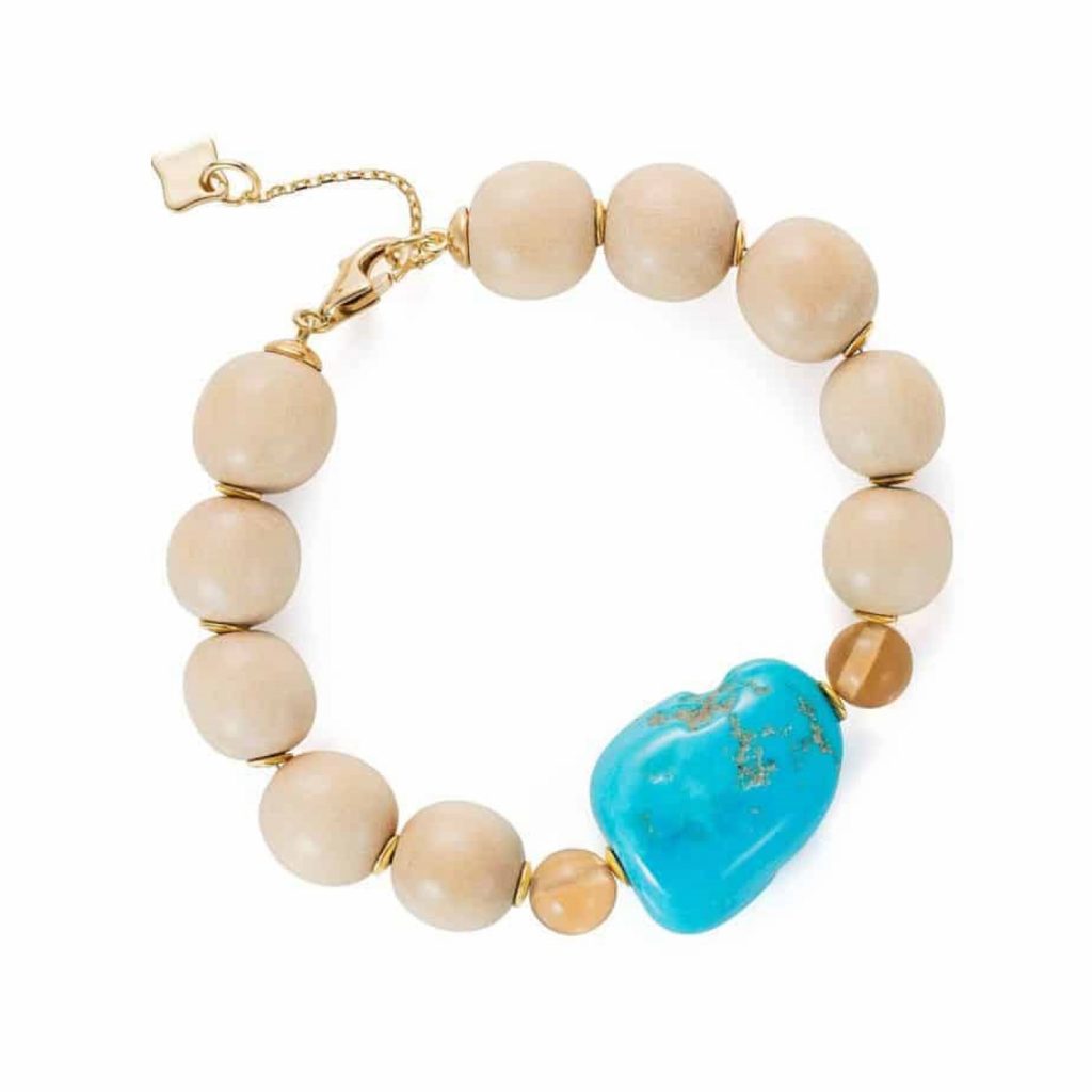 Large Wooden Bead Bracelet – Turquoise and Champagne Quartz by Maviada