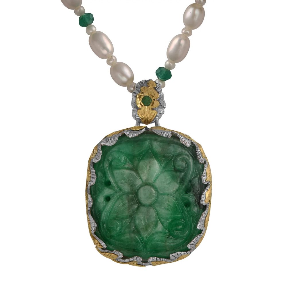 Lotus Hand-Carved Emerald Pendant by Emma Chapman Jewels