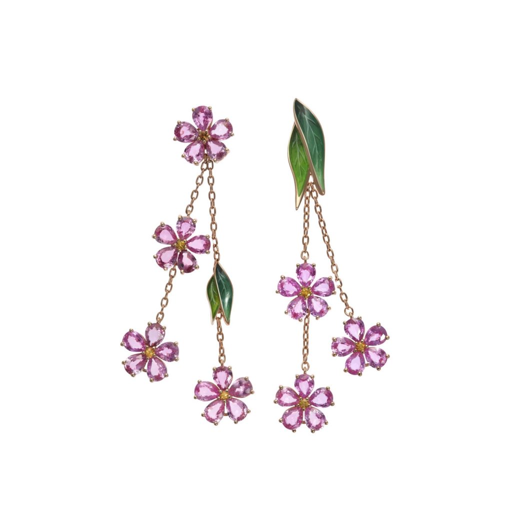 Forget Me Not Pink Sapphire Chain Earrings by Basak Baykal