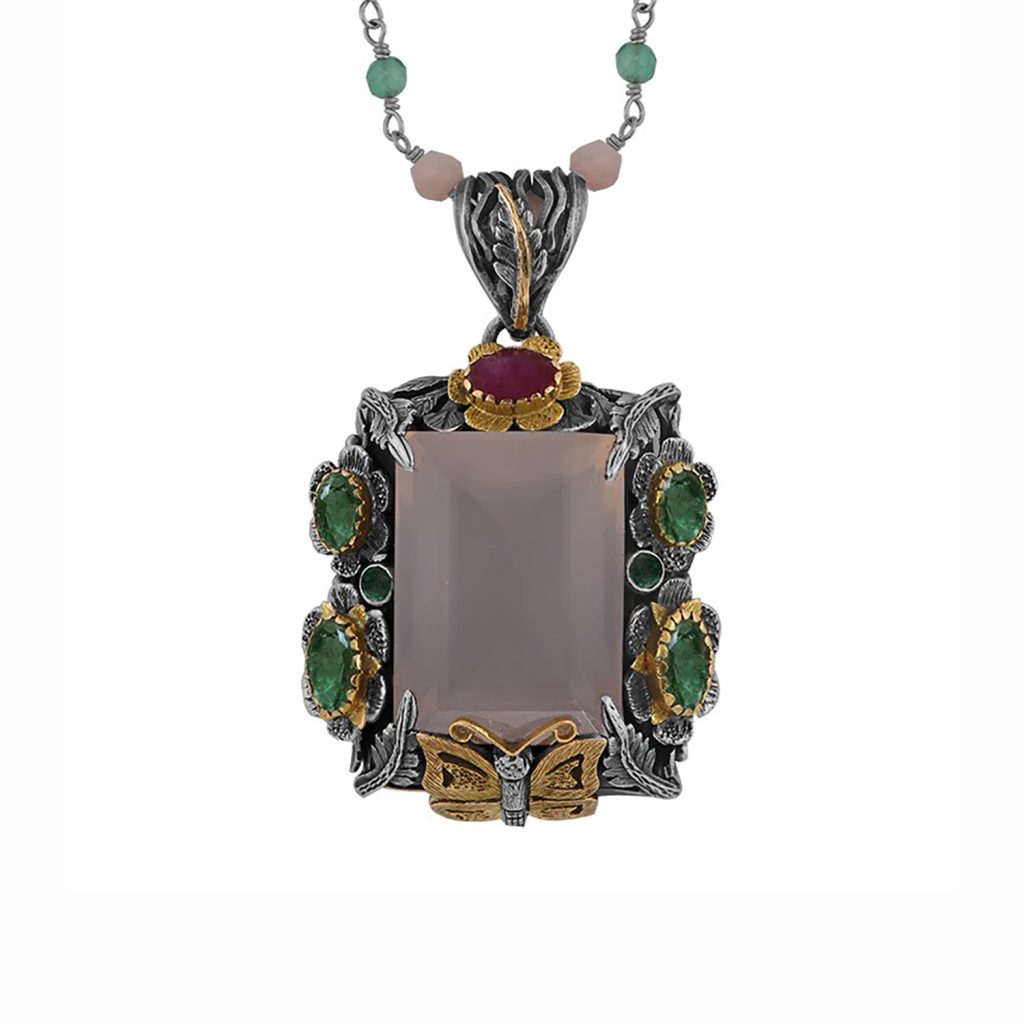 Salma Rose Quartz Emerald Pendant by Emma Chapman Jewels