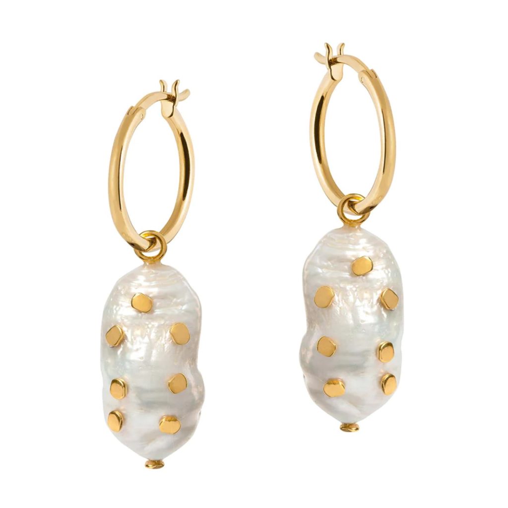 Venus Gold Hoop Earrings with Large Keshi Pearl and Barnacles by Amadeus