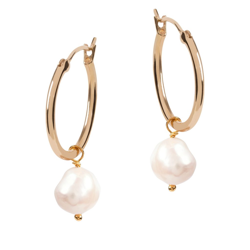 Venus Gold Hoop Earrings with White Pearl Charms by Amadeus