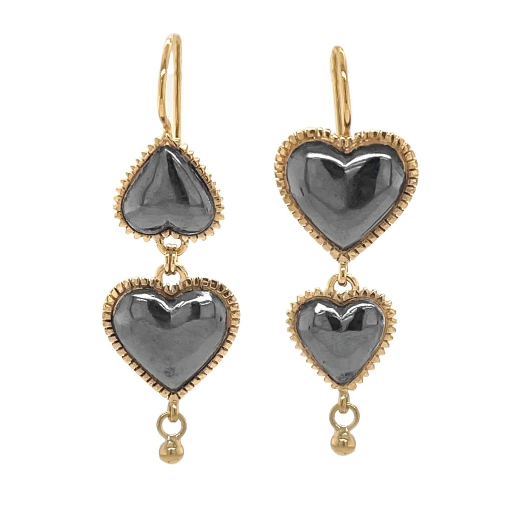 Lola Asymmetrical Heart Earring Drops – Black and Gold by Ana Verdun London