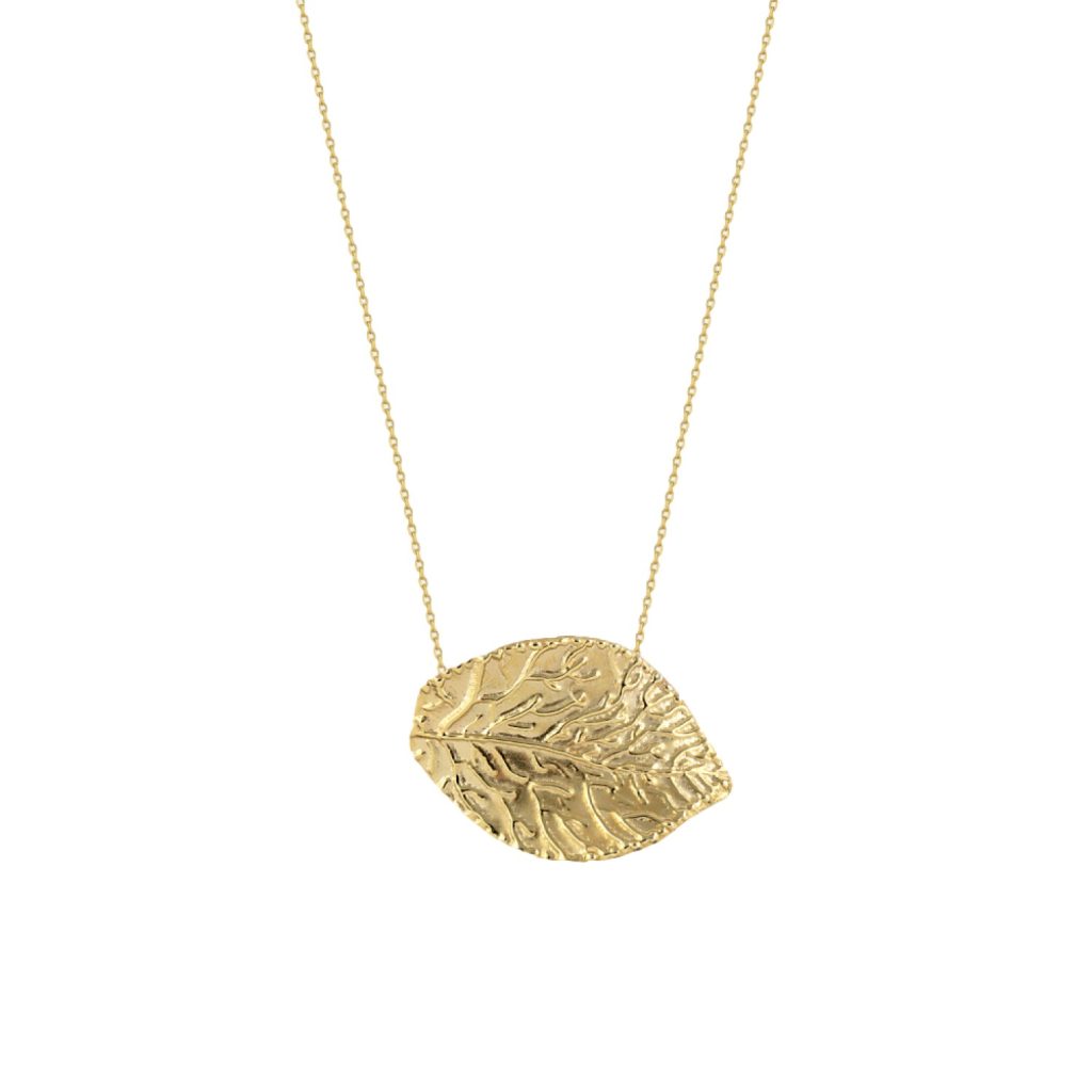 Textured Leaf Pendant Gold Necklace by Orena Jewelry